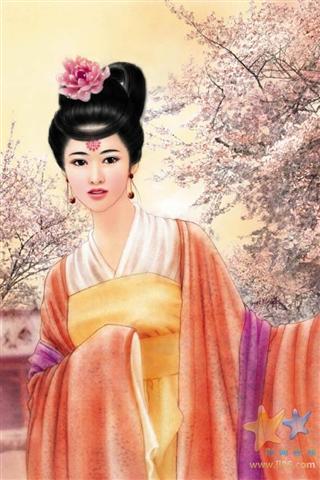 4.唐朝开元年间，有一美貌女儿叫杨玉环，被选进宫来。杨玉环进宫后，思念家乡。一天，她到花园赏花散心 ...